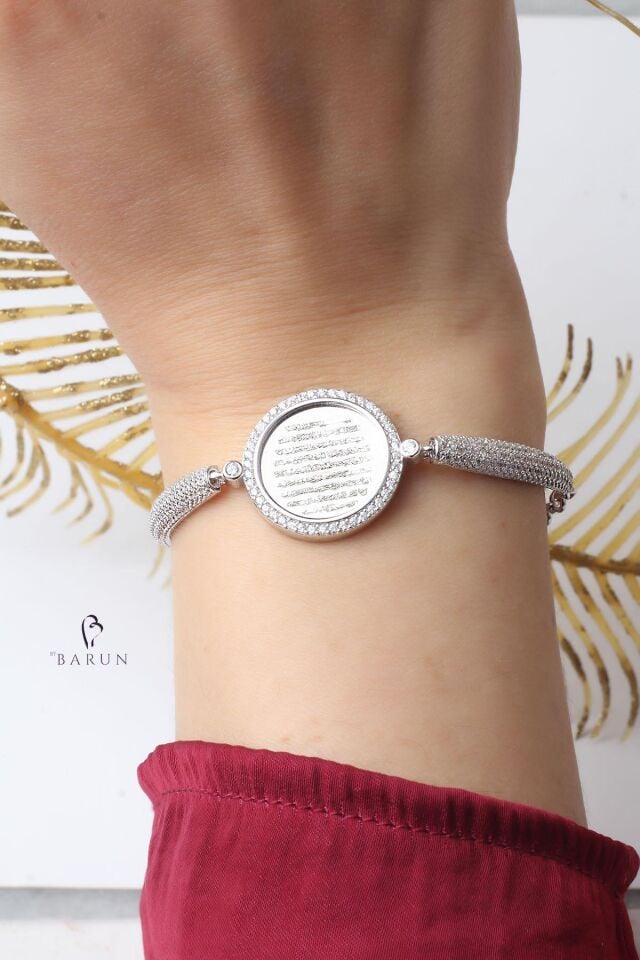 Ayetel Kürsi Bileklik 925 Ayar Gümüş Zirkon Taşlı Kelepçe Yuvarlak Zincirli Bileklik