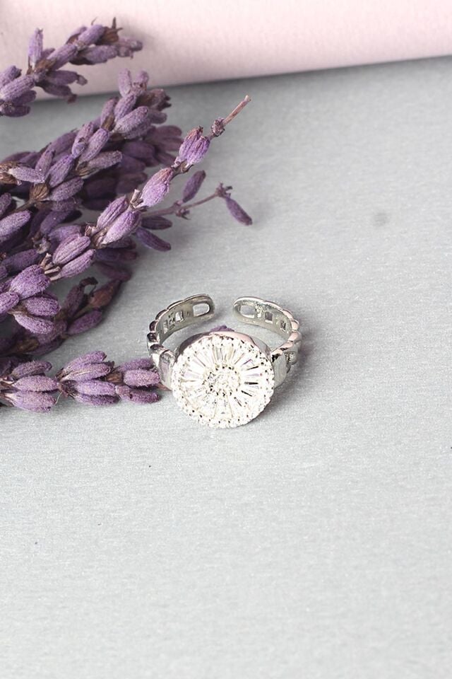 Ayarlanabilir Yüzük 925 Ayar Gümüş Silver Yuvarlak Baget Taşlı Yüzük