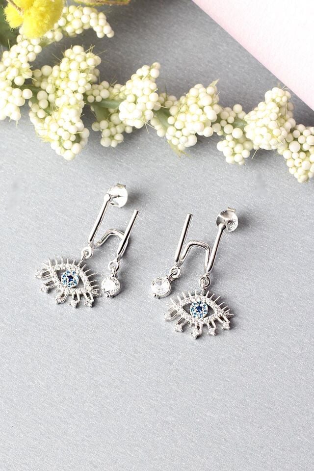 Göz Küpe 925 Ayar Gümüş Sallantılı Nazar Boncuklu Şans Zirkon Taşlı Küpe