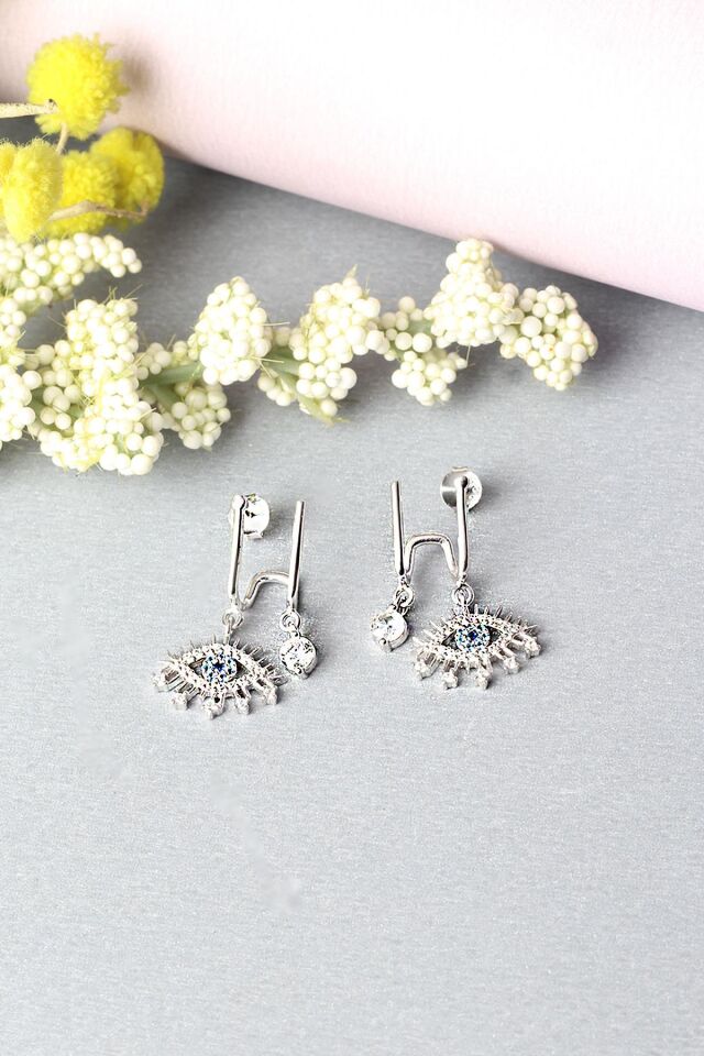 Göz Küpe 925 Ayar Gümüş Sallantılı Nazar Boncuklu Şans Zirkon Taşlı Küpe