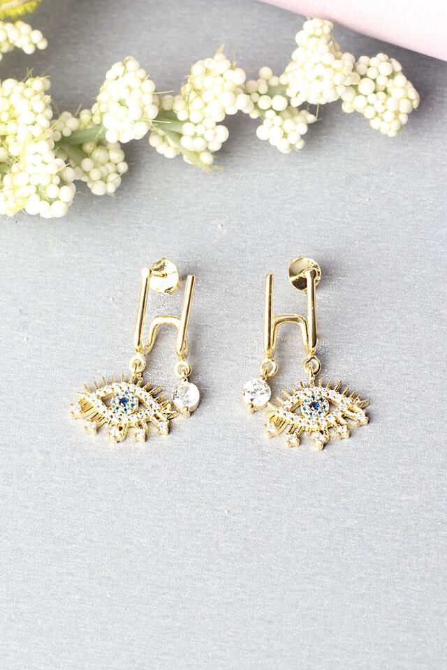 Göz Küpe 925 Ayar Gümüş Sallantılı Nazar Boncuklu Şans Zirkon Taşlı Küpe