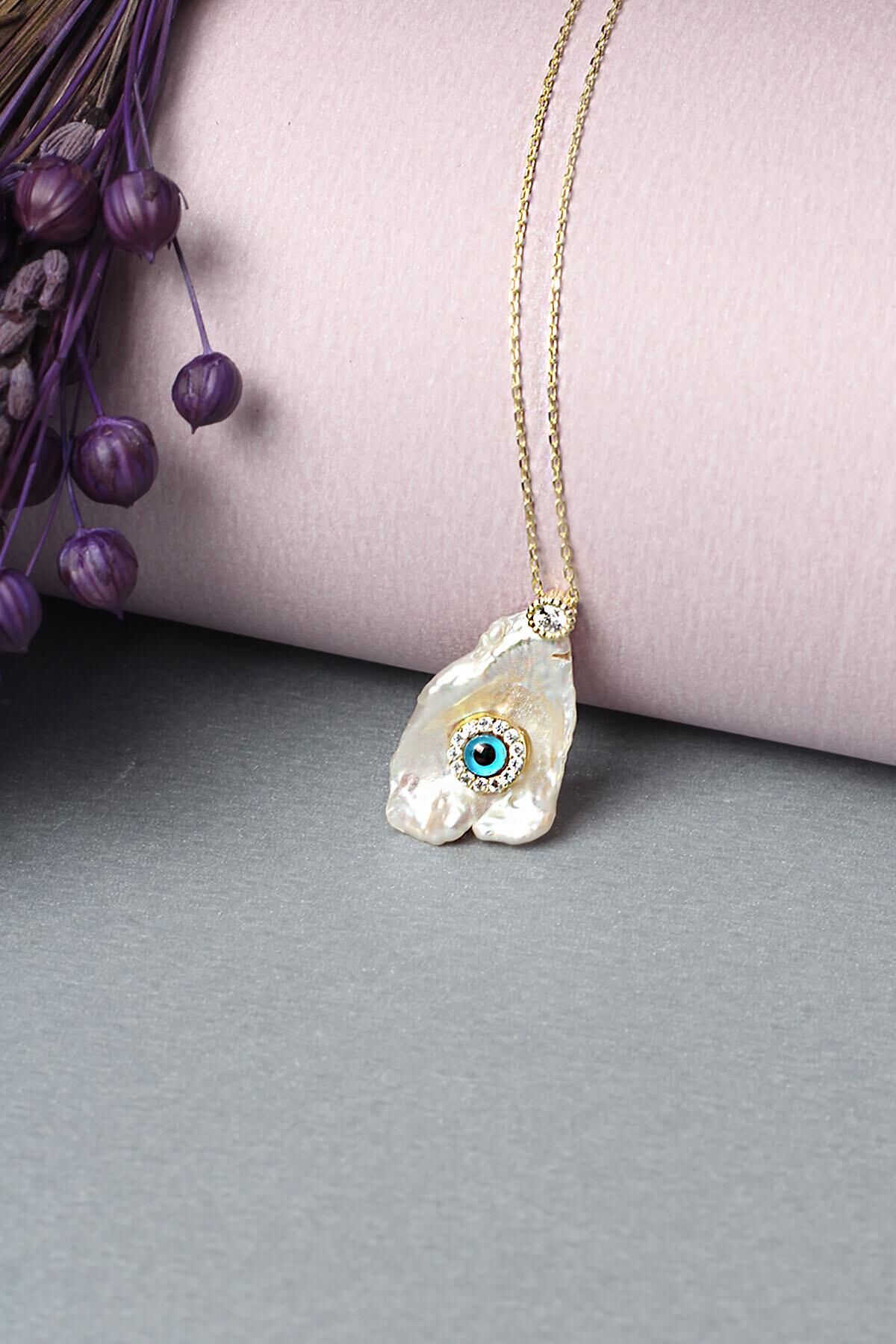 İnci Kolye Nazar Göz Boncuk Zirkon Taşlı Silver 925 Ayar Gümüş Zincir Kolye