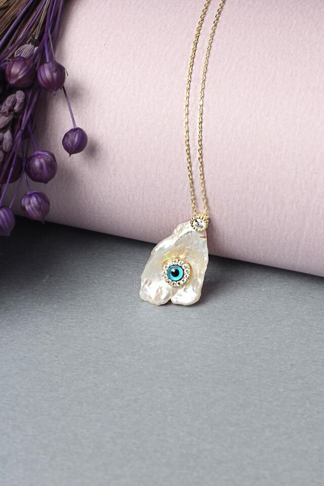 İnci Kolye Nazar Göz Boncuk Zirkon Taşlı Silver 925 Ayar Gümüş Zincir Kolye