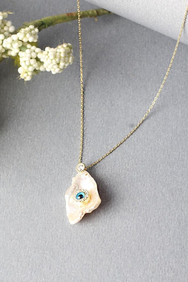 İnci Kolye Nazar Göz Boncuk Zirkon Taşlı Silver 925 Ayar Gümüş Zincir Kolye