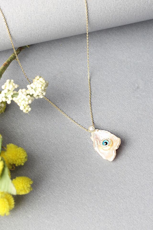 İnci Kolye Nazar Göz Boncuk Zirkon Taşlı Silver 925 Ayar Gümüş Zincir Kolye