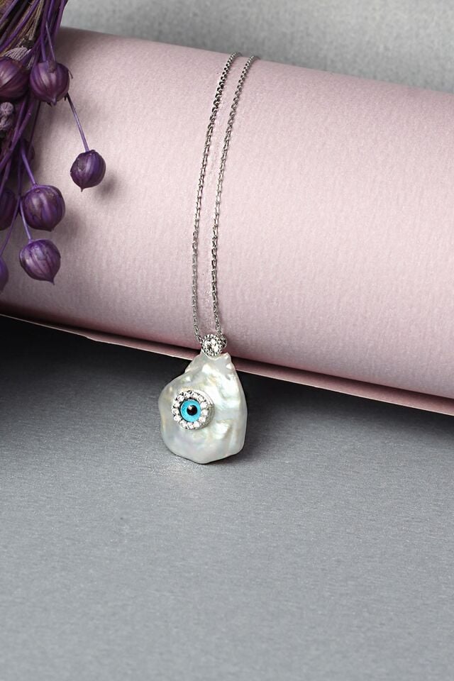 İnci Kolye Nazar Göz Boncuk Zirkon Taşlı Silver 925 Ayar Gümüş Zincir Kolye