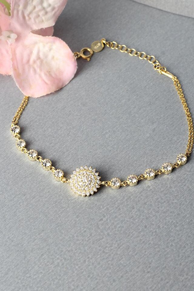 Yuvarlak Bileklik Zirkon Taşlı 925 Ayar Gümüş Silver Zincir Bileklik