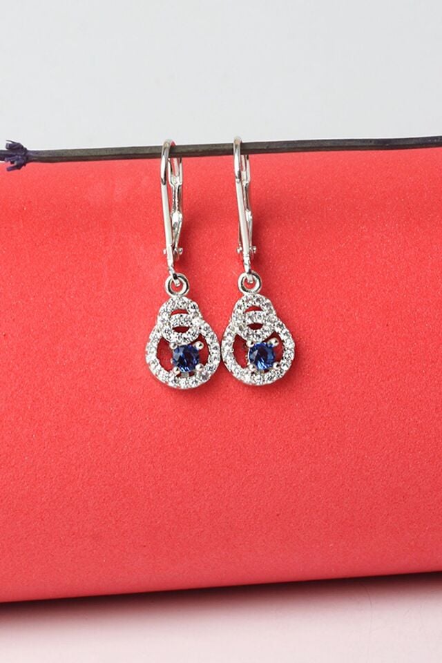 Yuvarlak Küpe Safir Taşlı 925 Ayar Gümüş Zirkon Taşlı Küpe