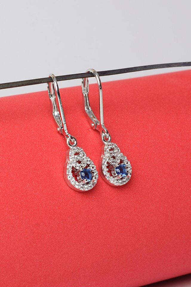 Yuvarlak Küpe Safir Taşlı 925 Ayar Gümüş Zirkon Taşlı Küpe