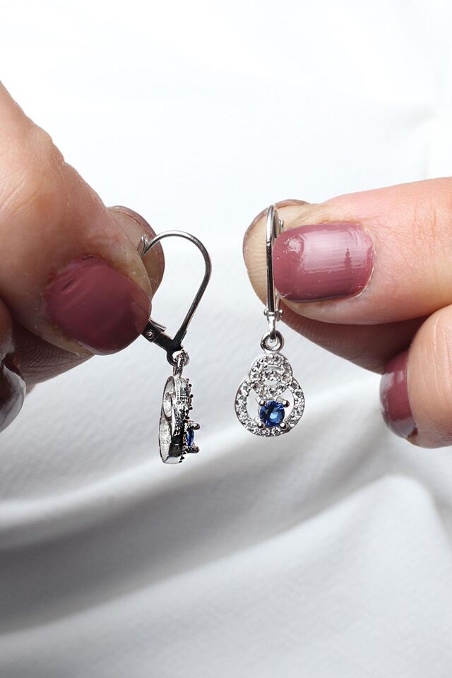 Yuvarlak Küpe Safir Taşlı 925 Ayar Gümüş Zirkon Taşlı Küpe