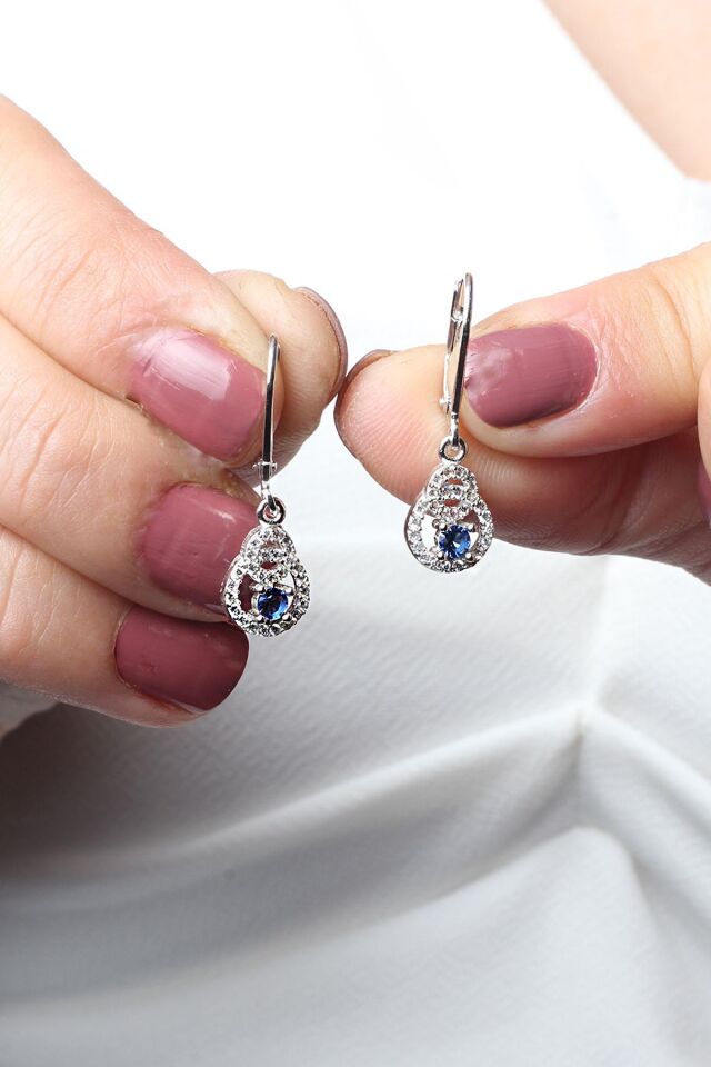 Yuvarlak Küpe Safir Taşlı 925 Ayar Gümüş Zirkon Taşlı Küpe