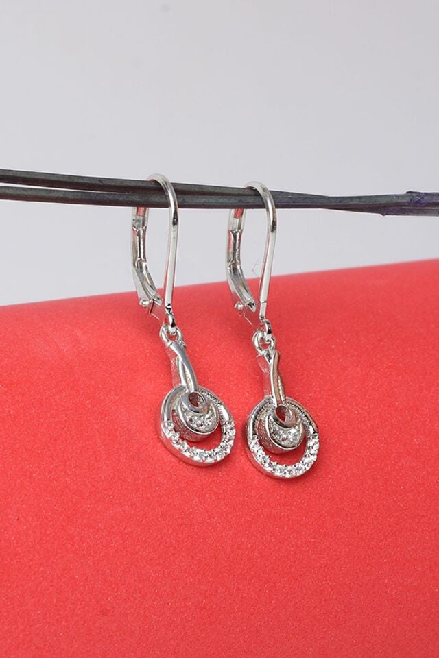 Yuvarlak Sallantılı Küpe Zirkon Taşlı 925 Ayar Gümüş Küpe