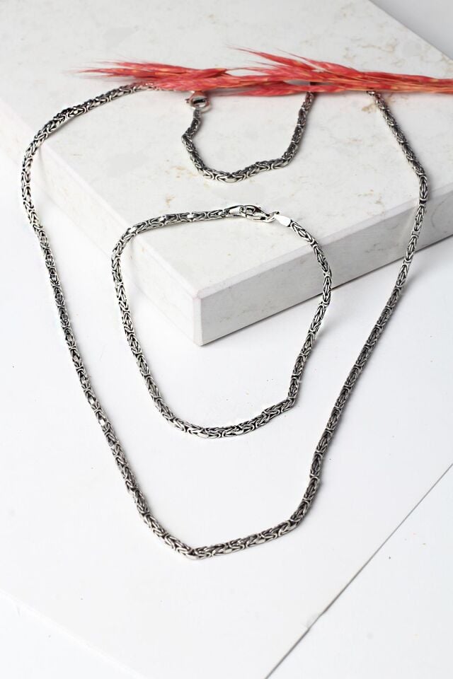 Erkek Zincir Kral 925 Ayar Gümüş Siyah Zincir Kolye Zincir Bileklik