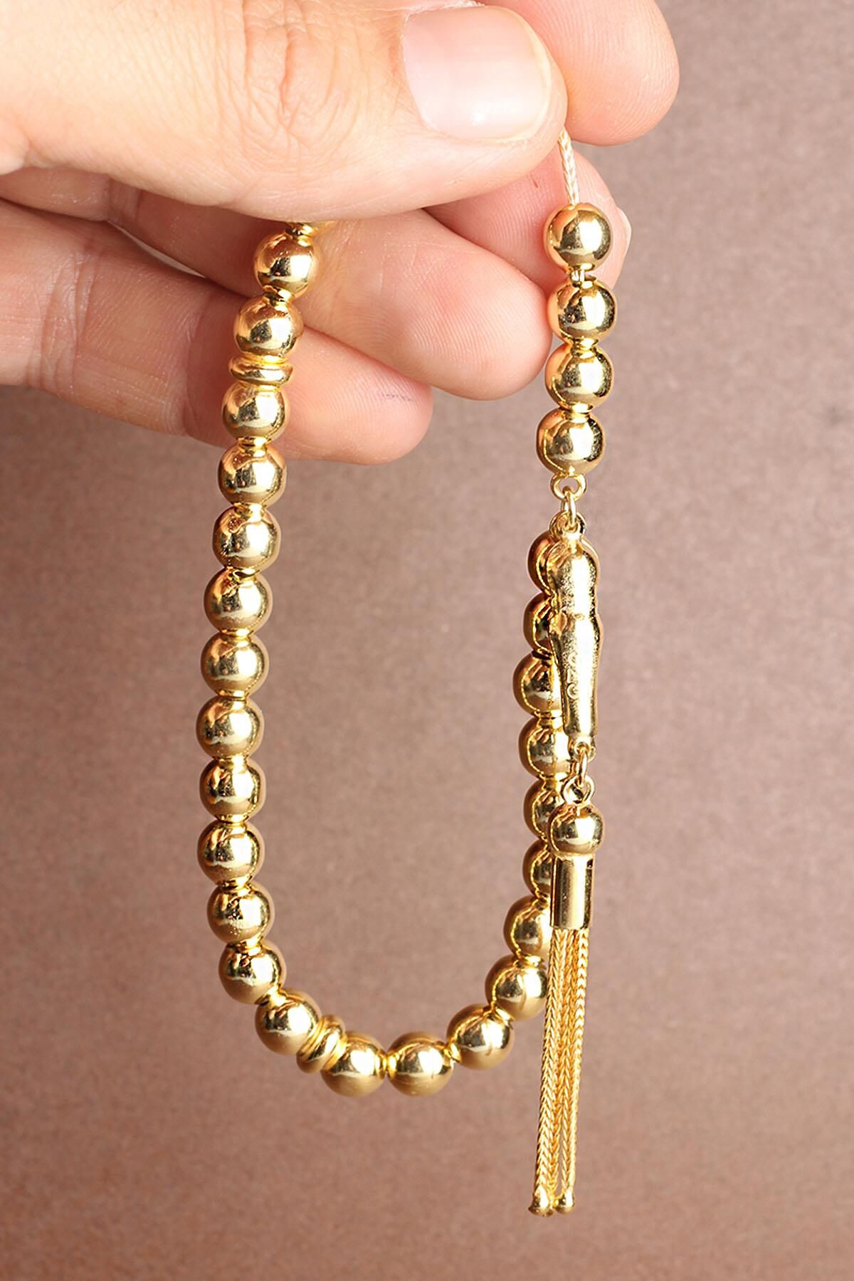 Tesbih Erkek Yuvarlak Gold 925 Ayar Gümüş Tesbih