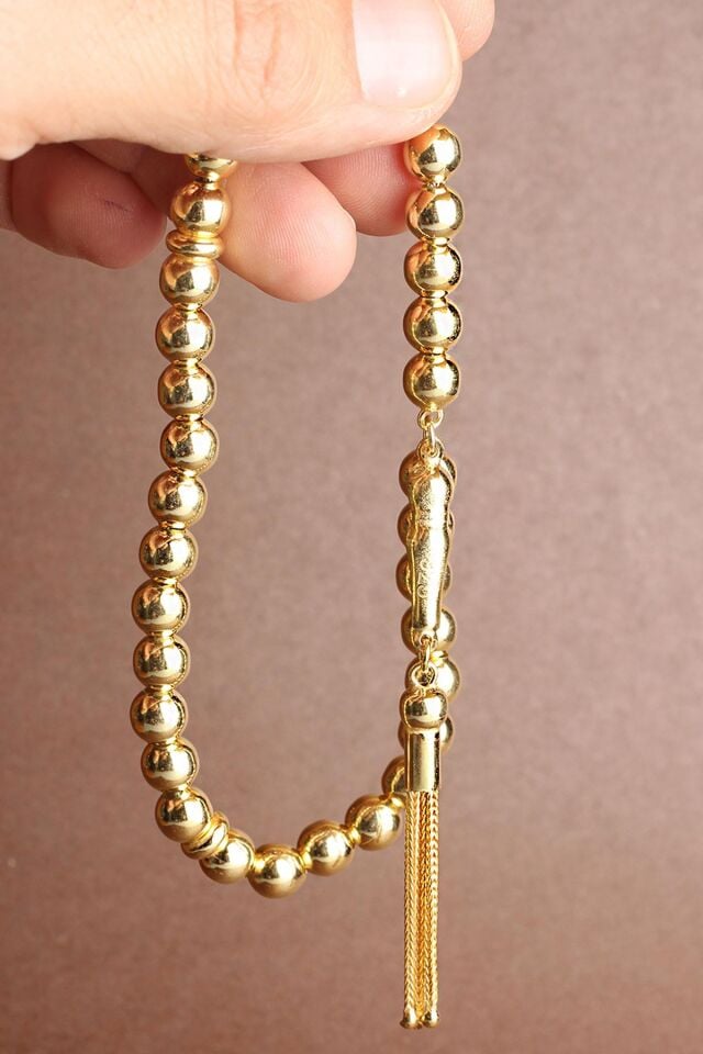 Tesbih Erkek Yuvarlak Gold 925 Ayar Gümüş Tesbih