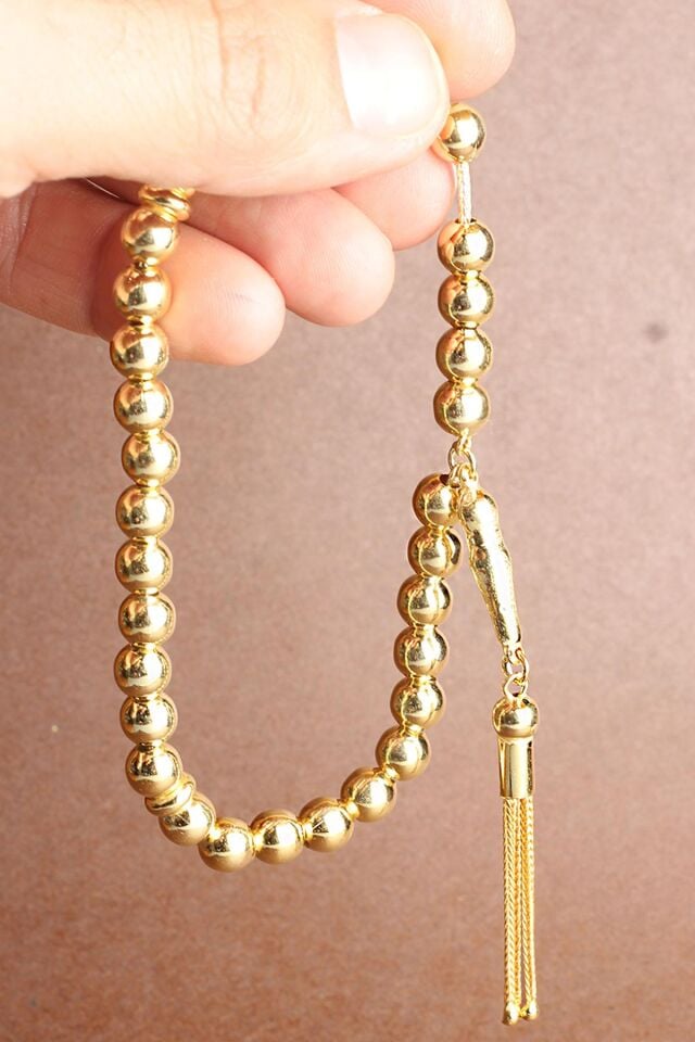 Tesbih Erkek Yuvarlak Gold 925 Ayar Gümüş Tesbih