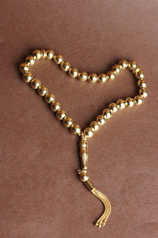 Tesbih Erkek Yuvarlak Gold 925 Ayar Gümüş Tesbih