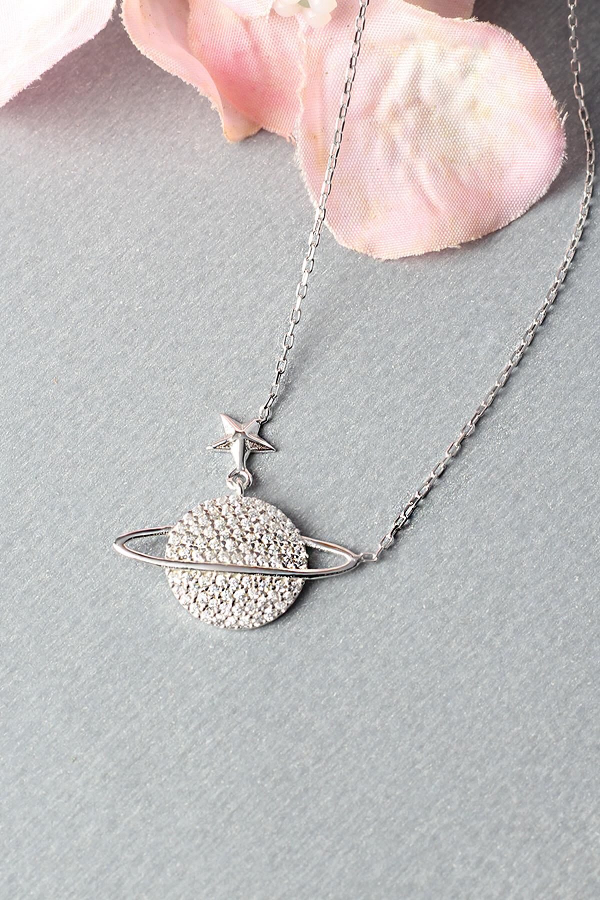 Gezegen Kolye Zirkon Taşlı Silver 925 Ayar Gümüş Zincir Kolye
