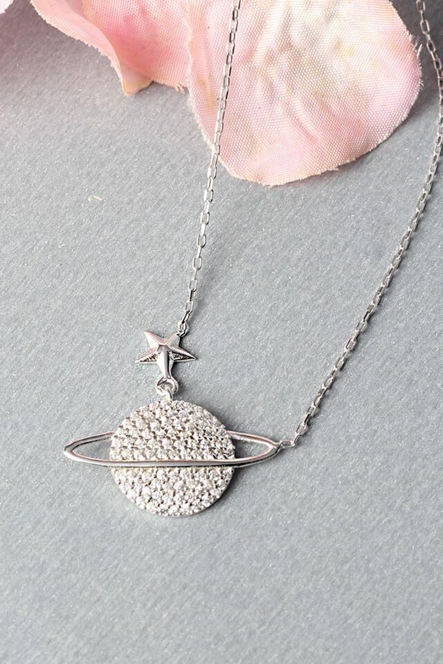 Gezegen Kolye Zirkon Taşlı Silver 925 Ayar Gümüş Zincir Kolye