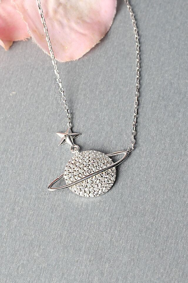 Gezegen Kolye Zirkon Taşlı Silver 925 Ayar Gümüş Zincir Kolye