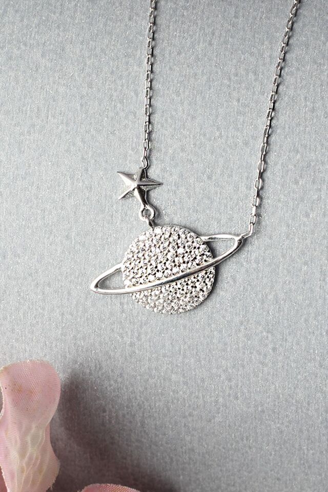 Gezegen Kolye Zirkon Taşlı Silver 925 Ayar Gümüş Zincir Kolye