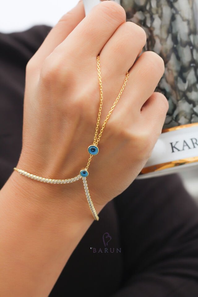 Şahmeran El Zinciri Nazar Boncuklu Zirkon Taşlı 925 Ayar Gümüş Şahmeran