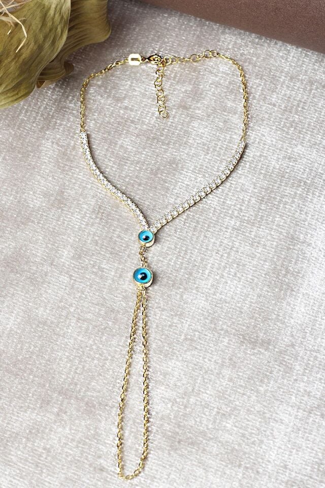 Şahmeran El Zinciri Nazar Boncuklu Zirkon Taşlı 925 Ayar Gümüş Şahmeran