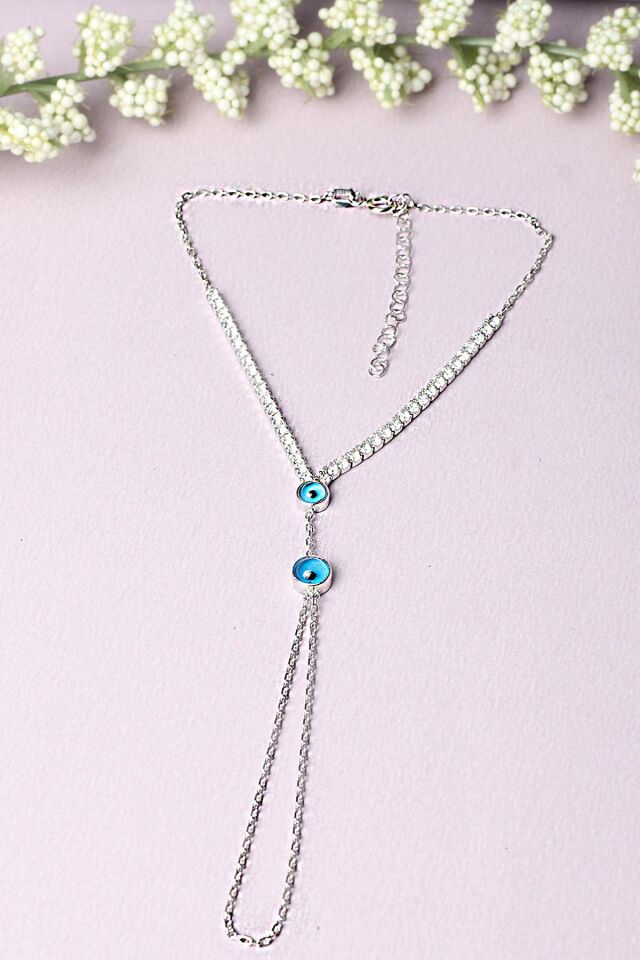 Şahmeran El Zinciri Nazar Boncuklu Zirkon Taşlı 925 Ayar Gümüş Şahmeran