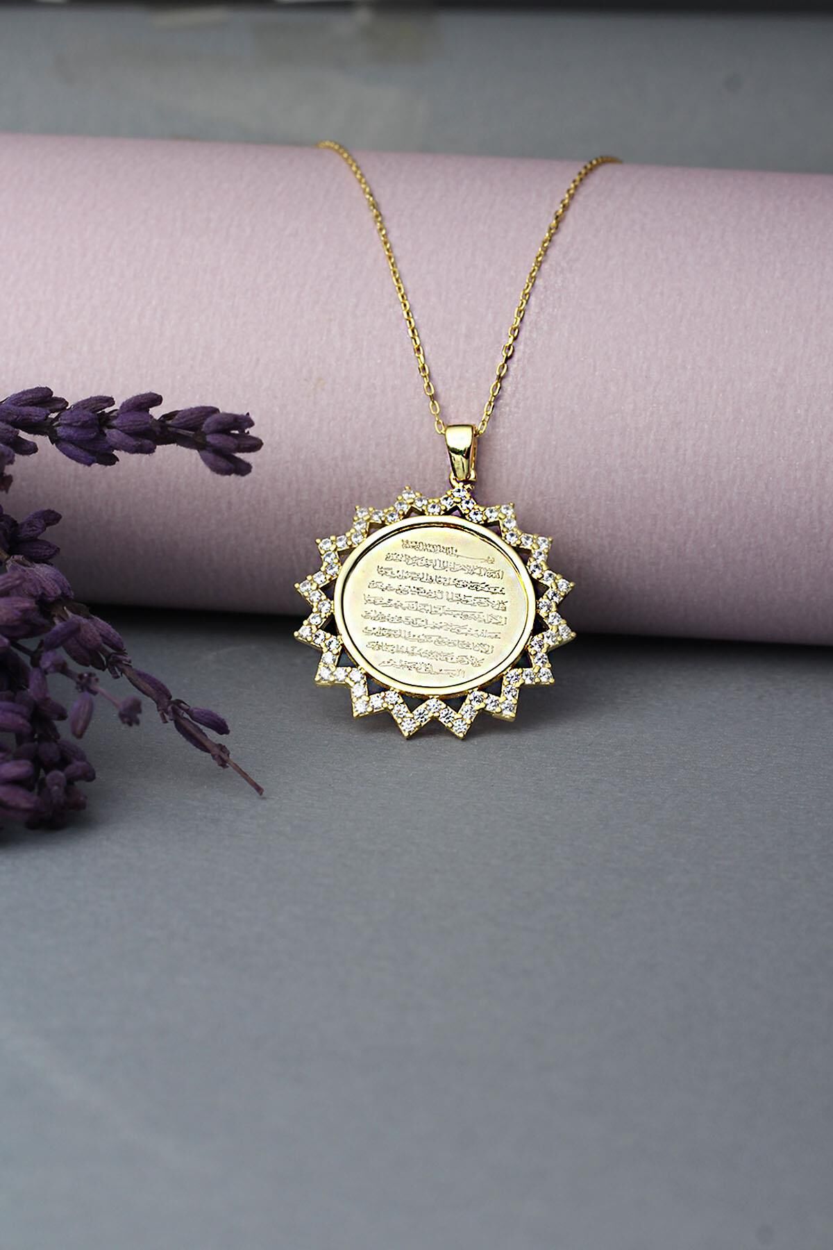 Dualı Ayetel Kürsi Gümüş Kolye 925 Ayar Zirkon Taşlı Kolye