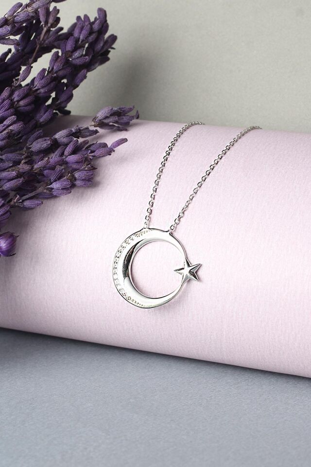 Ay Yıldızlı Türk Bayrağı Kolye Gümüş Zirkon Taşlı 925 Ayar Gümüş Kolye