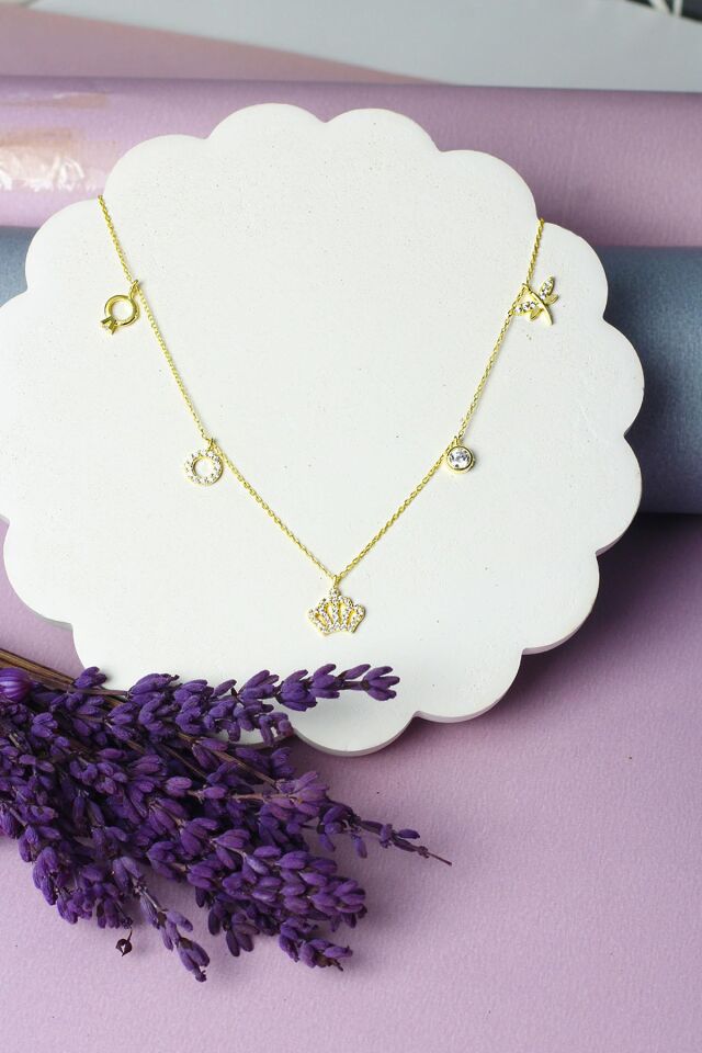 Şans Kolye Kadın Gümüş 925 Ayar Kral Taç Zirkon Taşlı Kolye