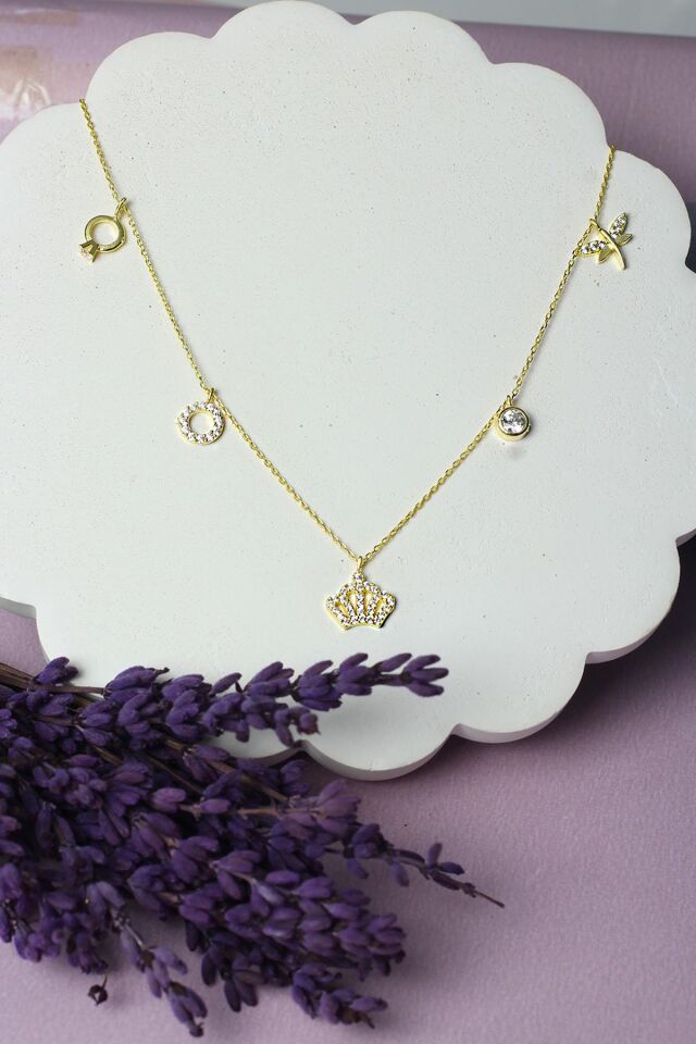 Şans Kolye Kadın Gümüş 925 Ayar Kral Taç Zirkon Taşlı Kolye