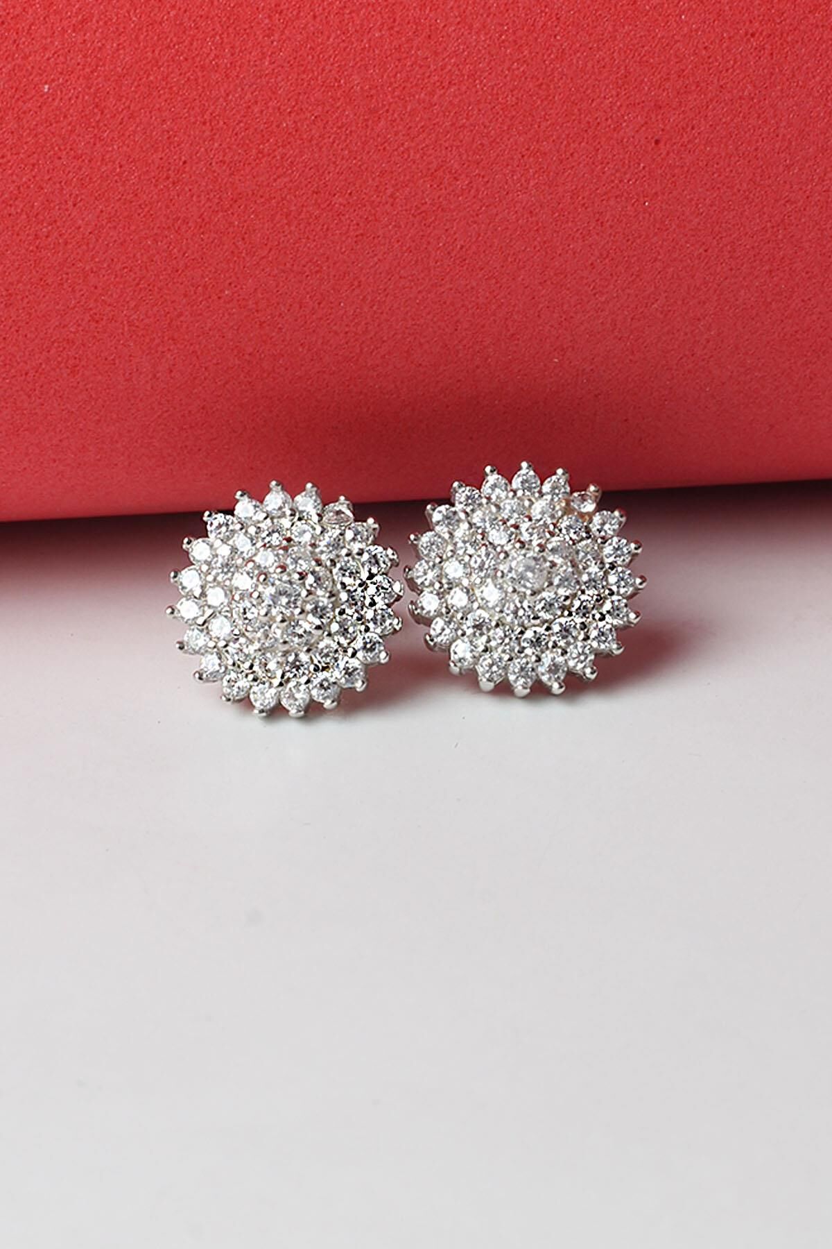 Yuvarlak Küpe Gümüş Zirkon Taşlı 925 Ayar Gümüş Küpe