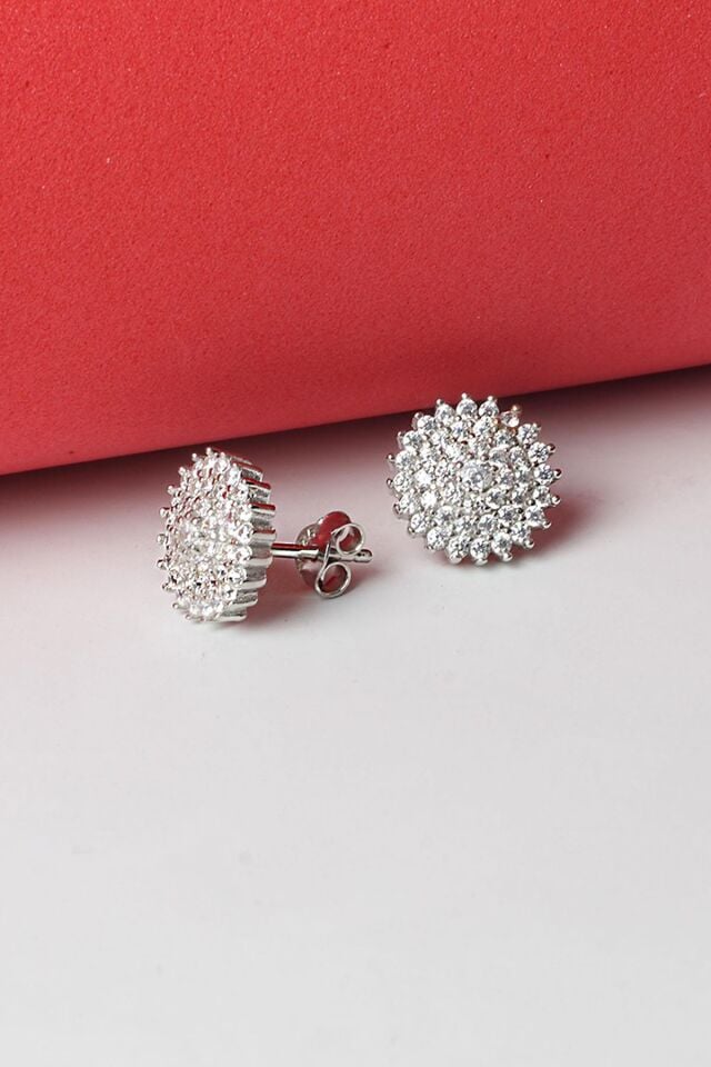 Yuvarlak Küpe Gümüş Zirkon Taşlı 925 Ayar Gümüş Küpe