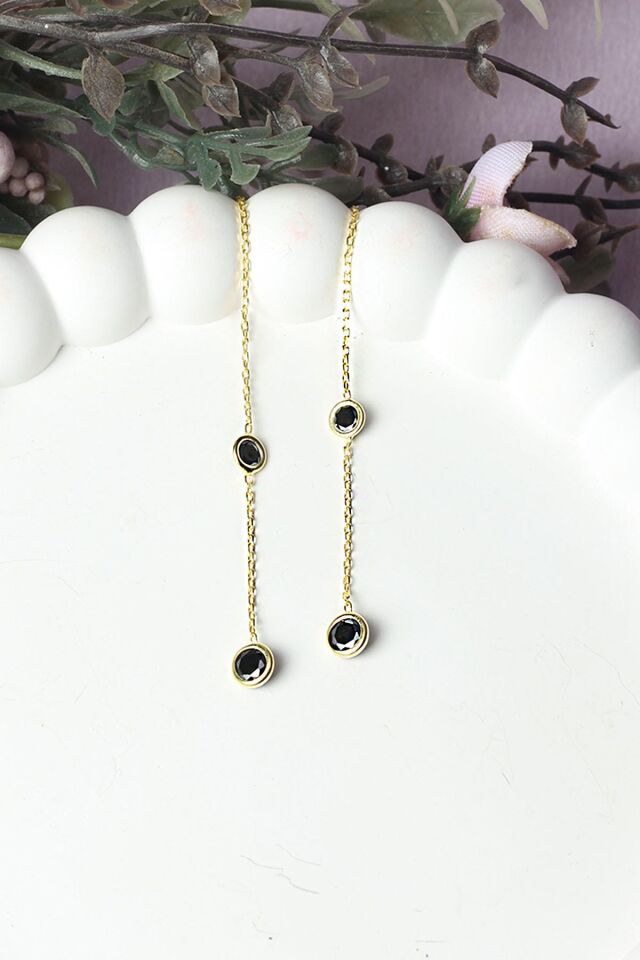 Zincir Küpe Siyah Taşlı Geçmeli Sallantılı 925 Ayar Gümüş Küpe