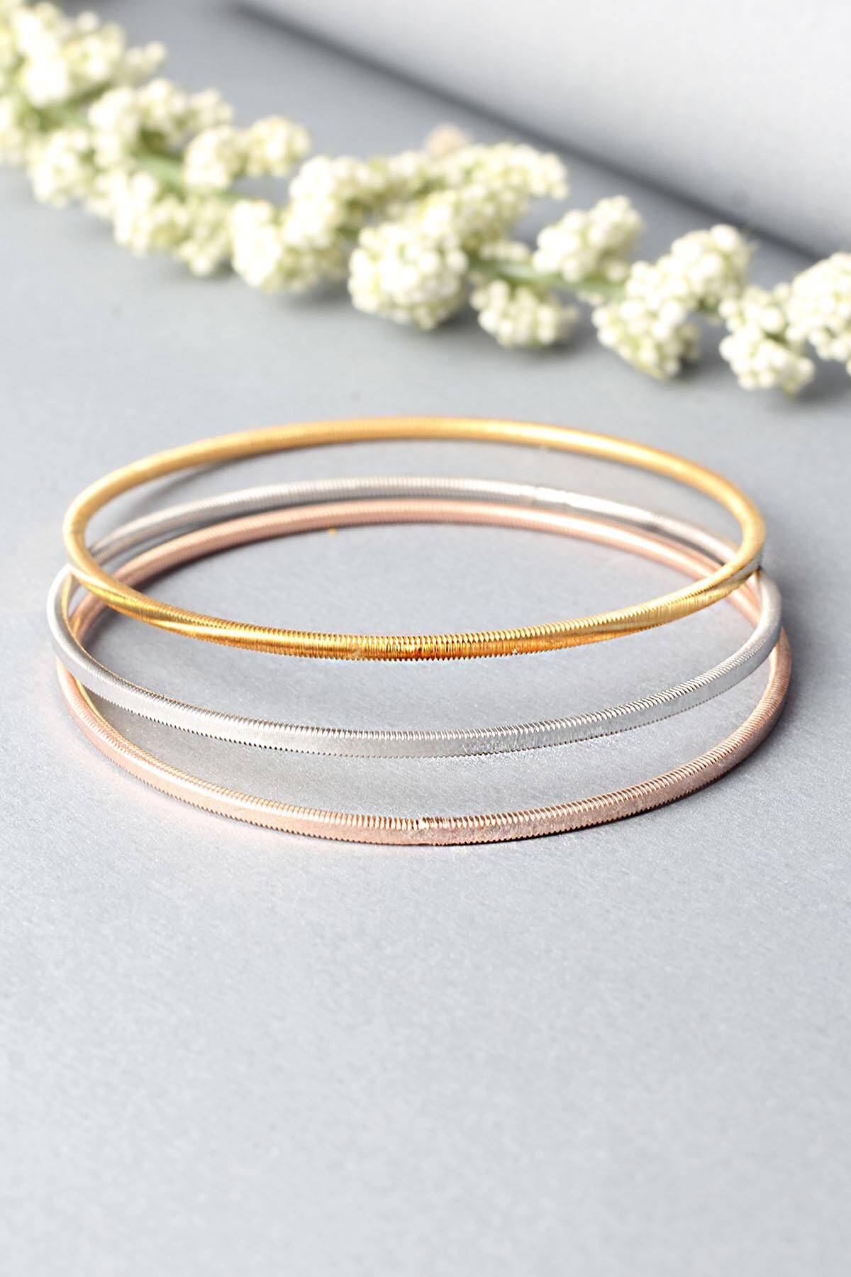 Ajda Bilezik Kibrit Çöpü Halka Renkli 925 Ayar Gümüş 3 'lü Bilezik