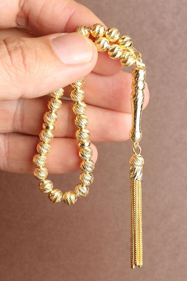Erkek Tesbih Bilek Boyu Yuvarlak Gold 925 Ayar Gümüş Tesbih