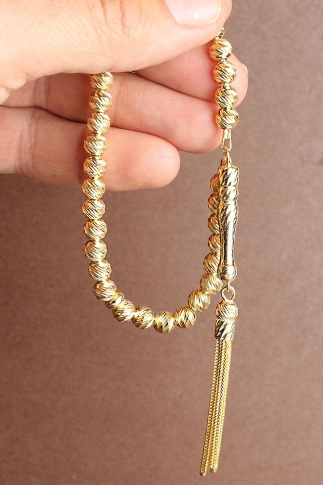 Erkek Tesbih Bilek Boyu Yuvarlak Gold 925 Ayar Gümüş Tesbih