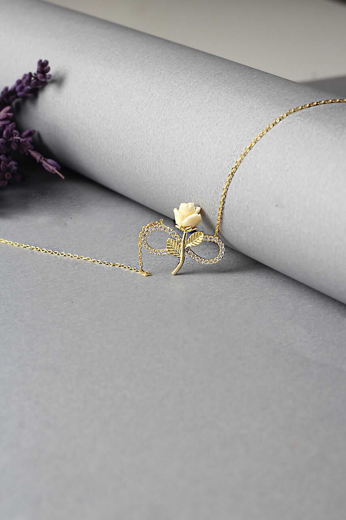 Gül Kolye Sonsuzluk Model Zirkon Taşlı 925 Ayar Gümüş Koye