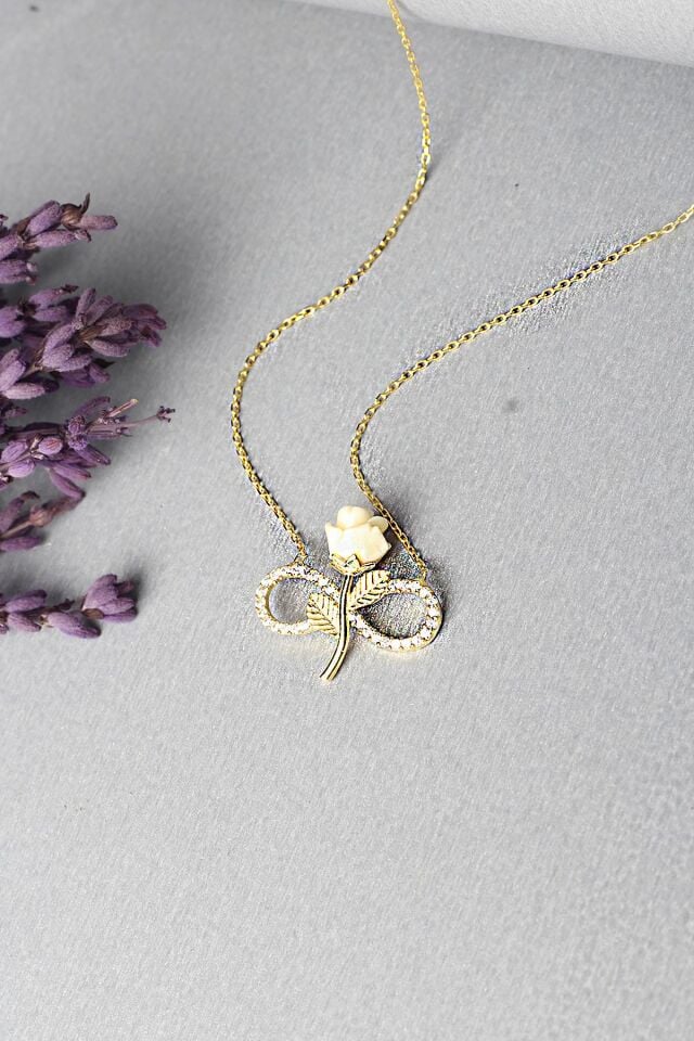 Gül Kolye Sonsuzluk Model Zirkon Taşlı 925 Ayar Gümüş Koye