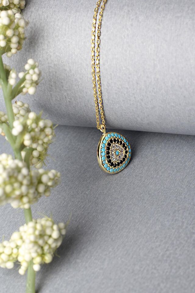 Nazar Boncuklu Kolye Mavi Taşlı 925 Ayar Zirkon Taşlı Kolye