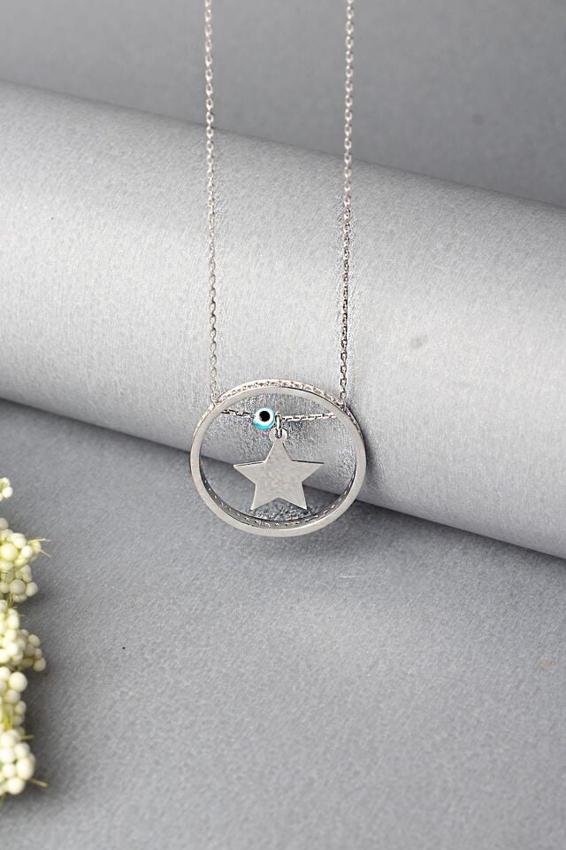Yıldız Kolye Yuvarlak Zirkon Taşlı 925 Ayar Gümüş Kolye
