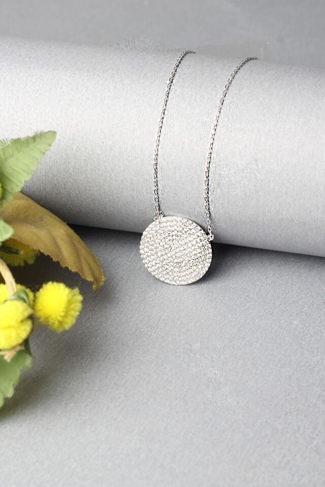 Yuvarlak Kolye Zirkon Taşlı 925 Ayar Gümüş Kolye