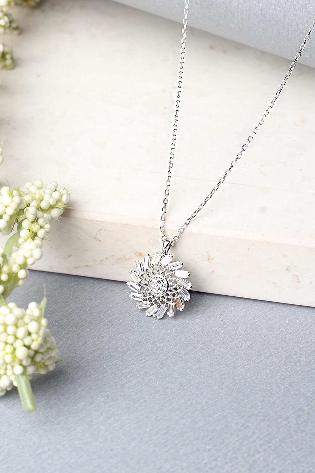 Yuvarlak Kolye Baget Taşlı 925 Ayar Gümüş Kolye