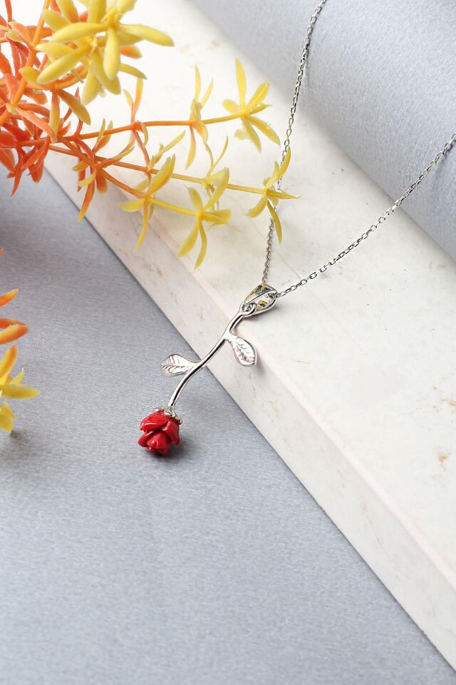 Gül Kolye Kadın 925 Ayar Gümüş Kırmızı Taşlı