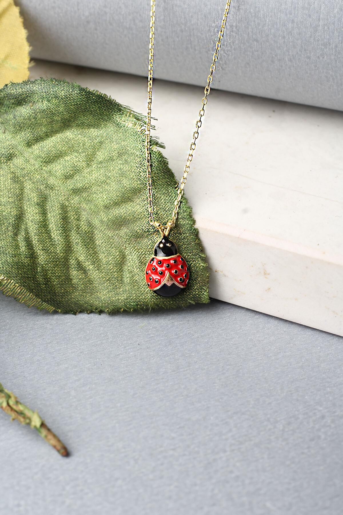 Uğur Böceği Gümüş Kolye 925 Ayar Kırmızı Mineli Kolye