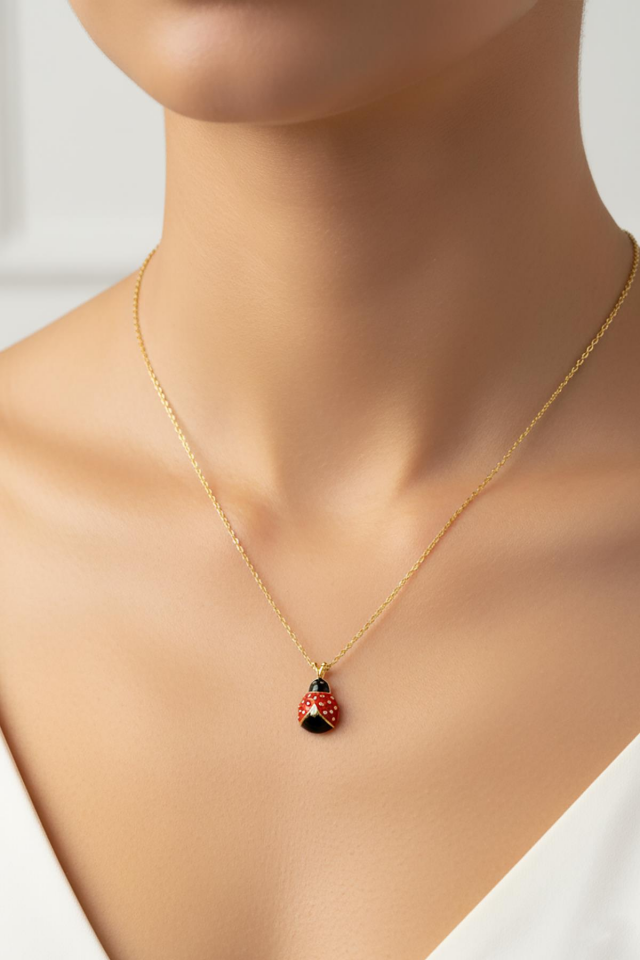 Uğur Böceği Gümüş Kolye 925 Ayar Kırmızı Mineli Kolye