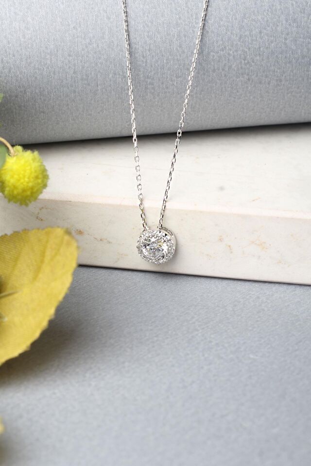 Tek Taş Kolye Gümüş Yuvarlak Zirkon Taşlı 925 Ayar Gümüş Kolye