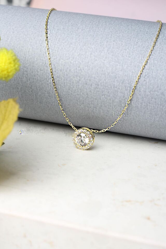 Tek Taş Kolye Gümüş Yuvarlak Zirkon Taşlı 925 Ayar Gümüş Kolye