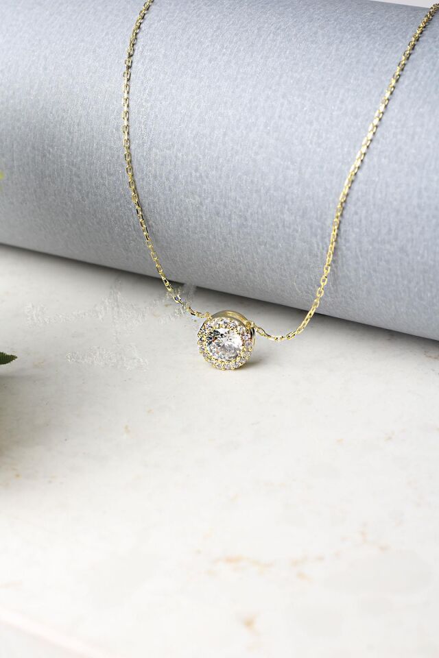 Tek Taş Kolye Gümüş Yuvarlak Zirkon Taşlı 925 Ayar Gümüş Kolye